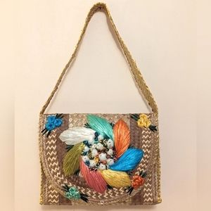 Vintage Handmade Straw Floral Shell Purse Shoulder Bag Woven Raffia Unique